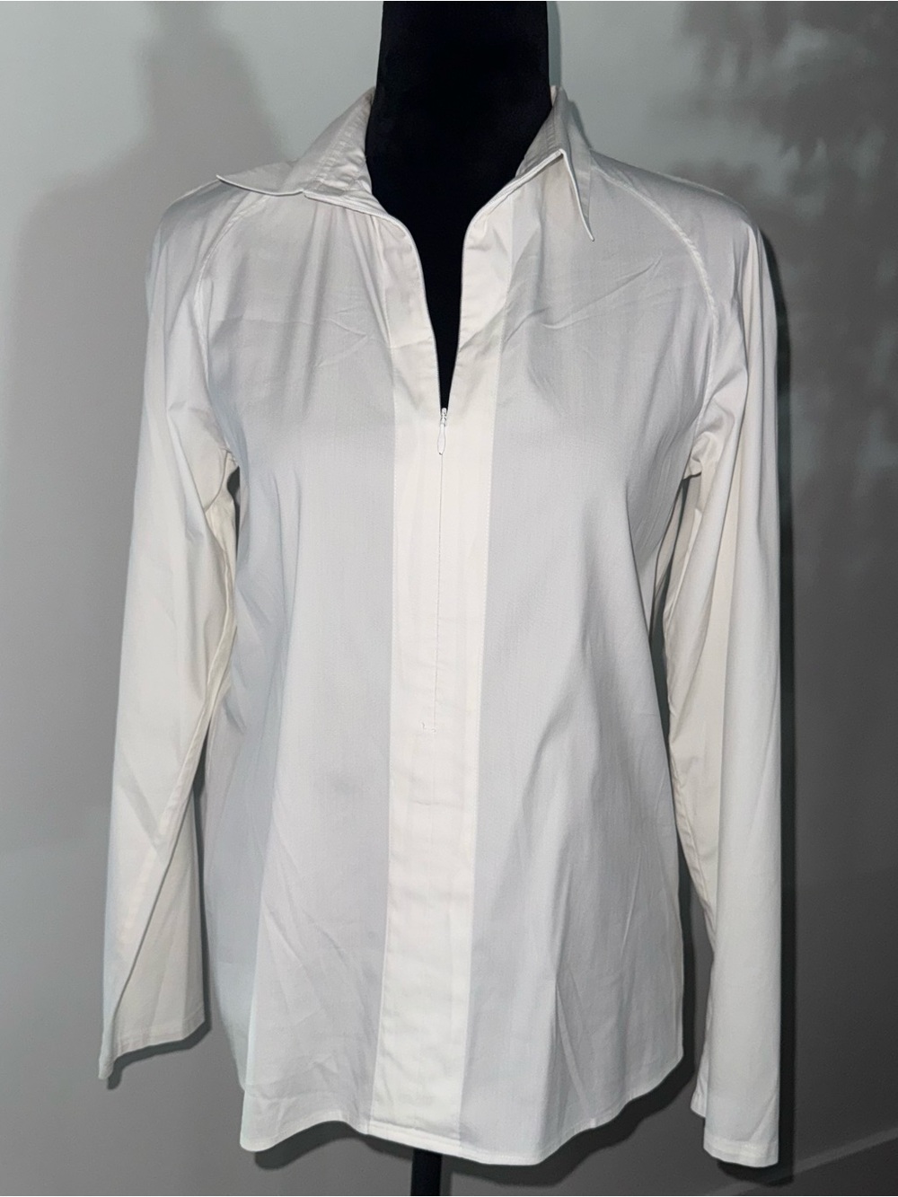 Theory Women’s White Cotton Blend Collared Half-Zip Stretch Blouse Long Sleeve M